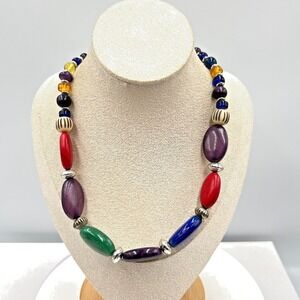 Vintage Chaps Multi-Color Bead Statement Necklace Silver Tone Boho Fashion Retro